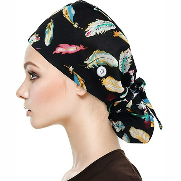 Unisex Women Men Hat Adjustable Floral Printed Bouffant Cap Hair Cover Worked